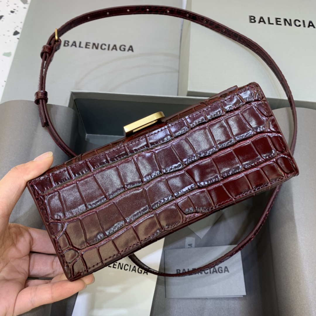 Balenciaga Hourglass XS Handbag Crocodile Embossed Shoulder Bag Dark Brown